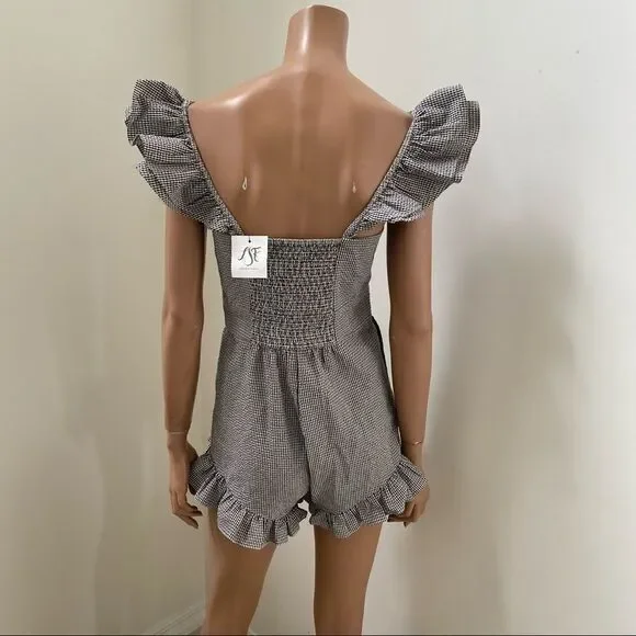 NEW LOVESHACKFANCY Revole Lucy black and white gingham ruched back romper 0